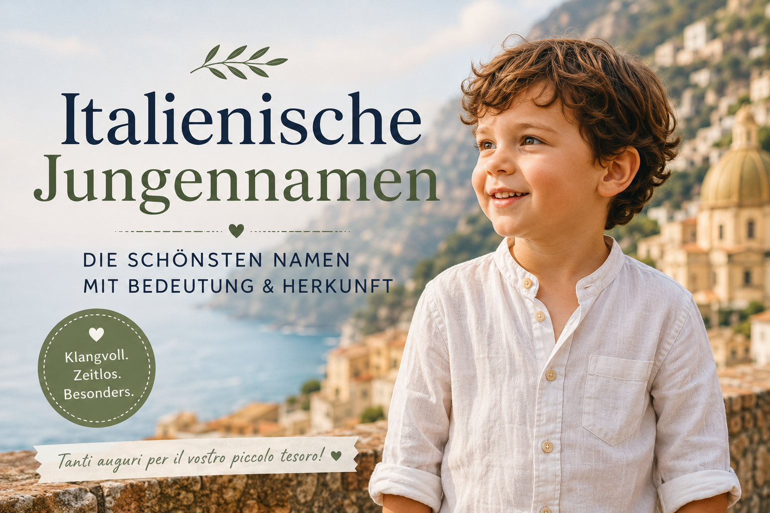 Junge vor italienischer Küstenstadt – Italienische Jungennamen mit Bedeutung und Herkunft